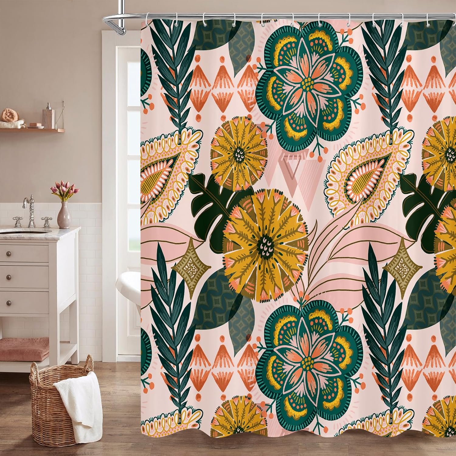 

Mitovilla Boho Floral Shower Curtain, Abstract Tropical Leaves Shower Curtains For Chic Elegant Bathroom Decor, Vintage Fabric C W60H190(CM)-1 Pcs