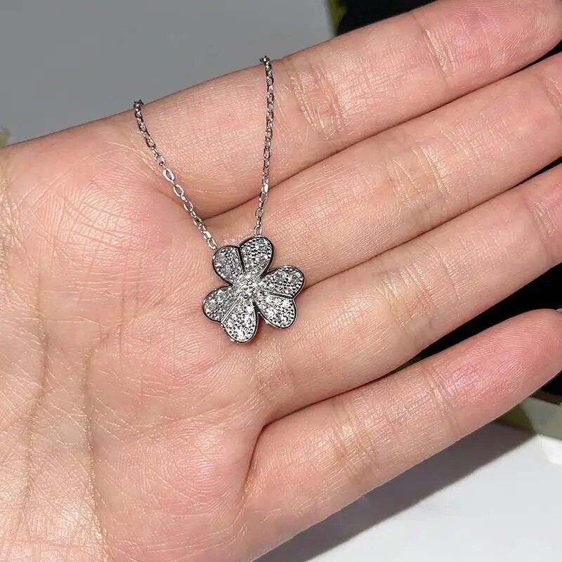925 Silver Full Diamond Clover Necklace For Women Europe And Usa New Fashion Sweet Temperament Ladies Famous Brand Jewelry Gift