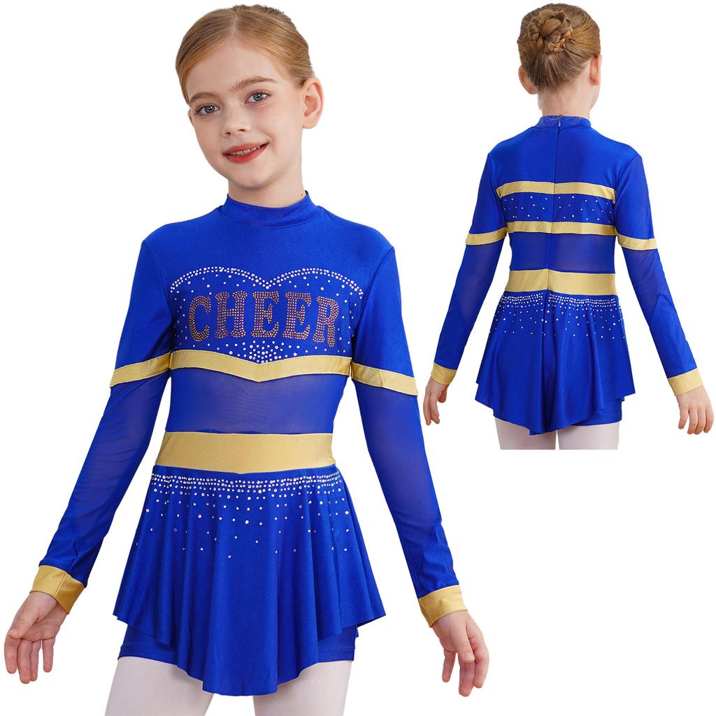 Girls One-Piece Cheerleading Costume: Long Sleeve Mesh Patchwork Shiny Diamonds Jumpsuit for Dance Gymnastic Performance