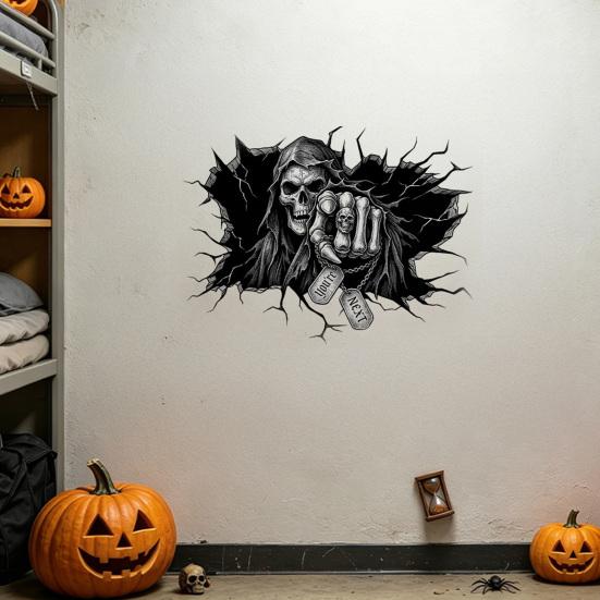 Dark Gothic Home Decor Grim Reaper Wall Sticker, 3D Breaking Through Art Decal, Window Display Decal Scary Skull Mural for Bar Pub Halloween