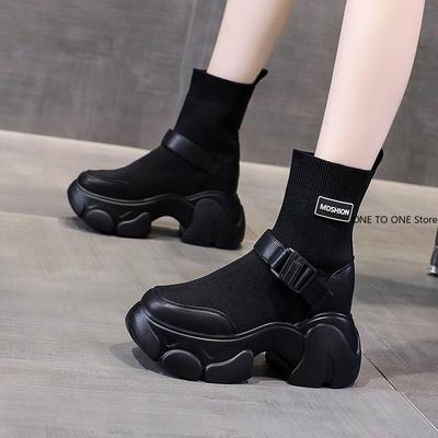 2024 Nouvelle Marque Style Punk Chaussures Femme Chaussures à Plateforme Bottes Rock Style Minimaliste en Tissu Stretch Semelle Épaisse Street Shot Chevalier