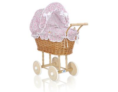 Tall Wicker Doll Stroller with Pink Bedding and Lining - Natural