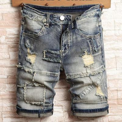 Shorts en denim tendance mi-longs slim fit avec patchs déchirés pour homme