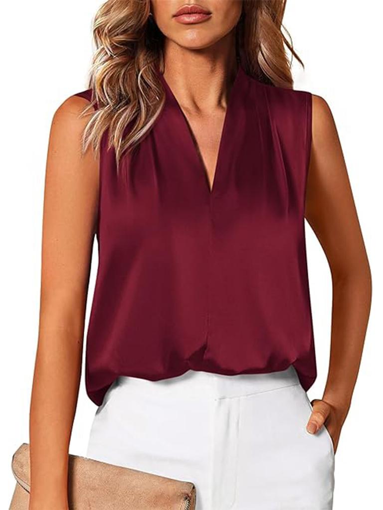 Blusa Estiva Casual da Lavoro da Donna Senza Maniche Scollo a V Rigate Raso Monocolore