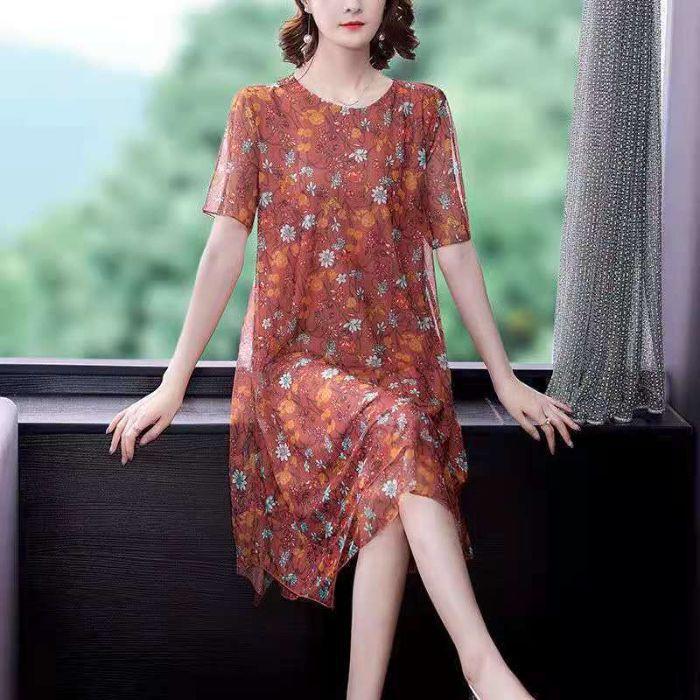 Women's Fashion Summer Spring Floral Print Short Sleeve O-Neck High Waist Casual Dresses