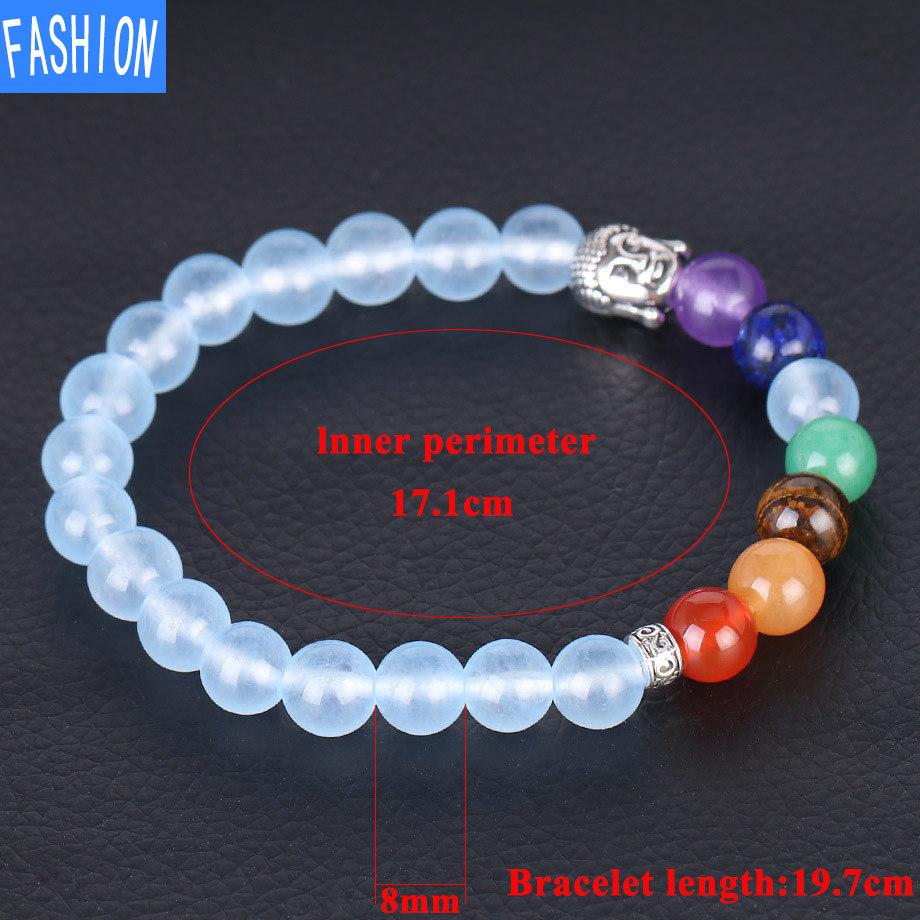 Chakra Bracelet Natural Aquamarine Stone Copper Buddha's Head Charm Crystal Bracelet Elastic Bracelet