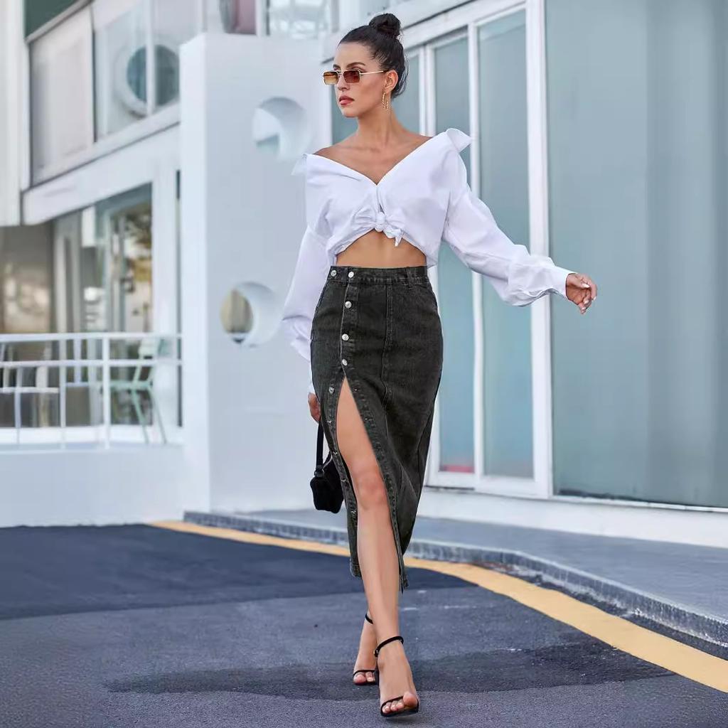 Women High Waist Single- Breasted Package Hip Jean Denim Skirt