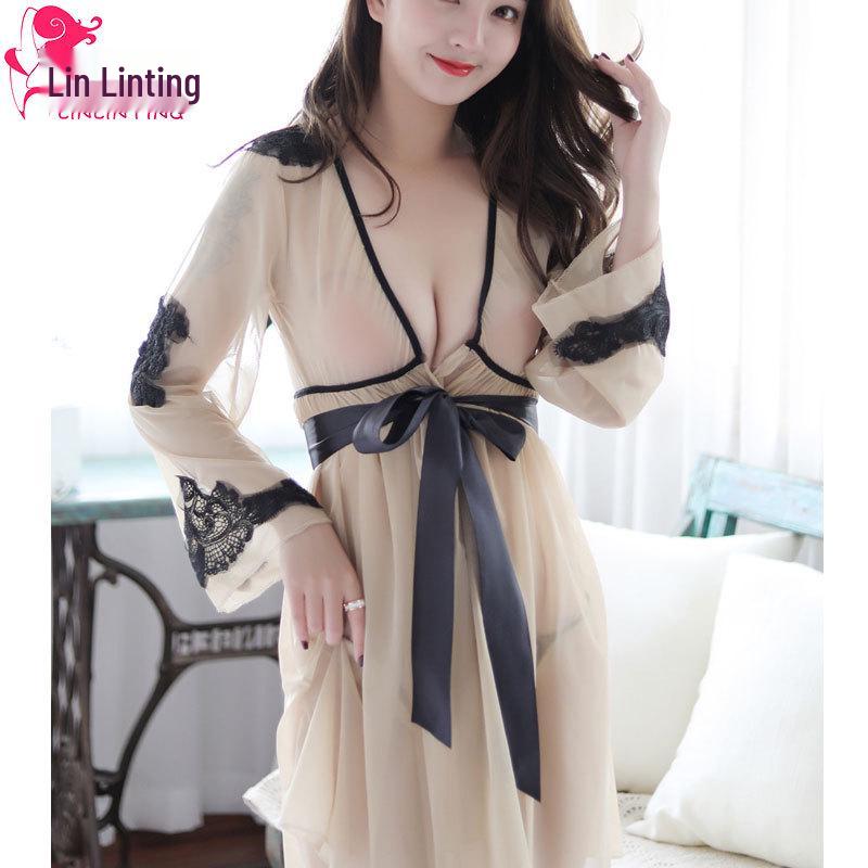Sexy Transparent Lace Mesh Nightgown with Temptation Detail