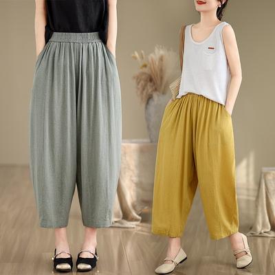Korean Version of Literary and Artistic Loose Large Size Solid Color Cotton and Linen Casual Pants Women's Light and Breathable Elastic Waist Nine-