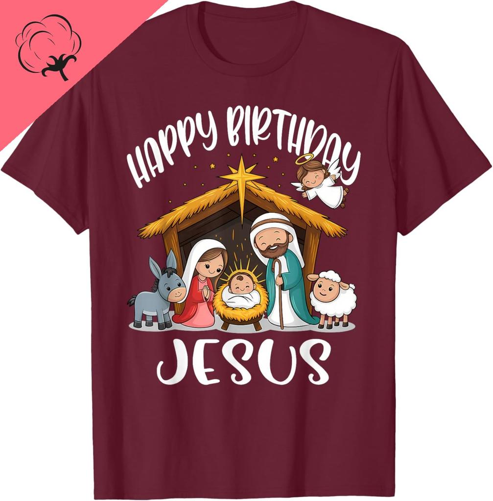Merry Christmas Family Kid Nativity Happy Birthday Jesus T-Shirt Men and Women Short Sleeves Printed Cotton T-shirt Camiseta