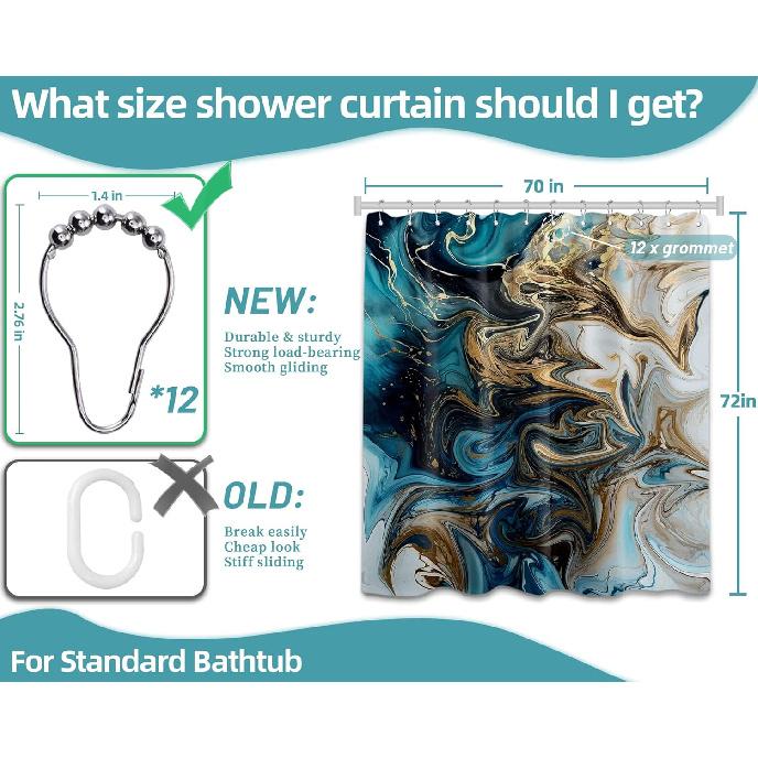 Teal and Gray Marble Shower Curtain Abstract Turquoise Gold Shower Curta for Bathroom Decor, Waterproof Cloth Fabric with Hooks 70 X 72 Inch