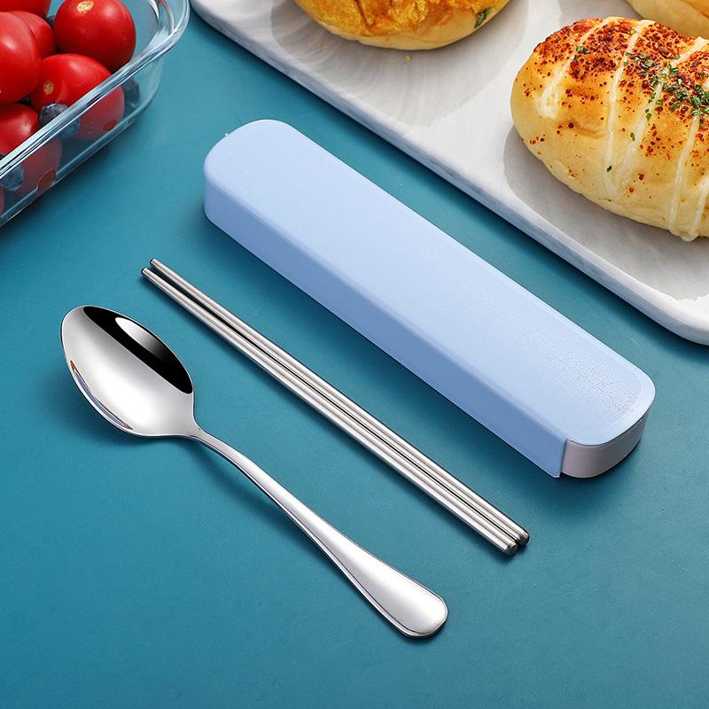 Stainless steel portable storage tableware set, chopsticks, spoons, student office workers with box, fork and spoon three-piece set