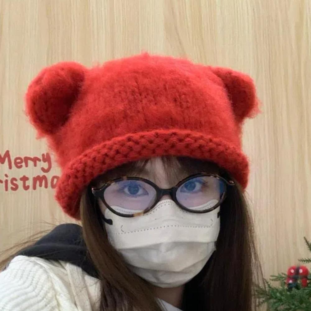 Soft Bear Ear Woolen Hat Y2K Brimless Beanie Cap Cute Knitted Pullover Hat  Keep Warm