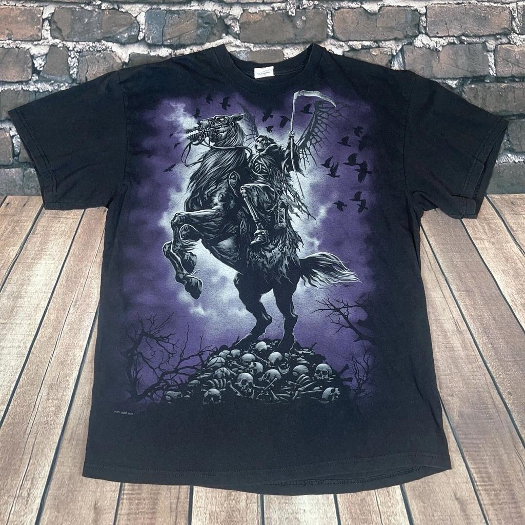 Y2K Liquid Blue T-Shirt Mens Large 2011 Grim Reaper Horse Scythe Grunge Skull
