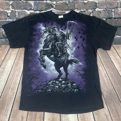 Y2K Liquid Blue T-Shirt Mens Large 2011 Grim Reaper Horse Scythe Grunge Skull
