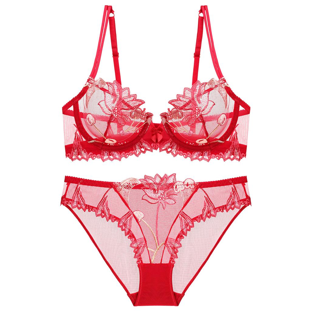 Summer Cherry Embroidery Bra Large Size Transparent Mesh Temptation Underwear Ultra-thin Sexy Ladies Bra Set