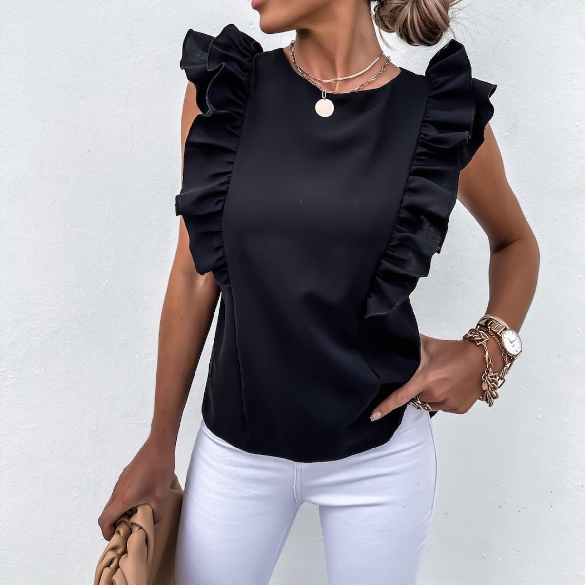 

Летняя однотонная блузка с оборками, с коротким рукавом и круглым вырезом для женщин XL чёрный