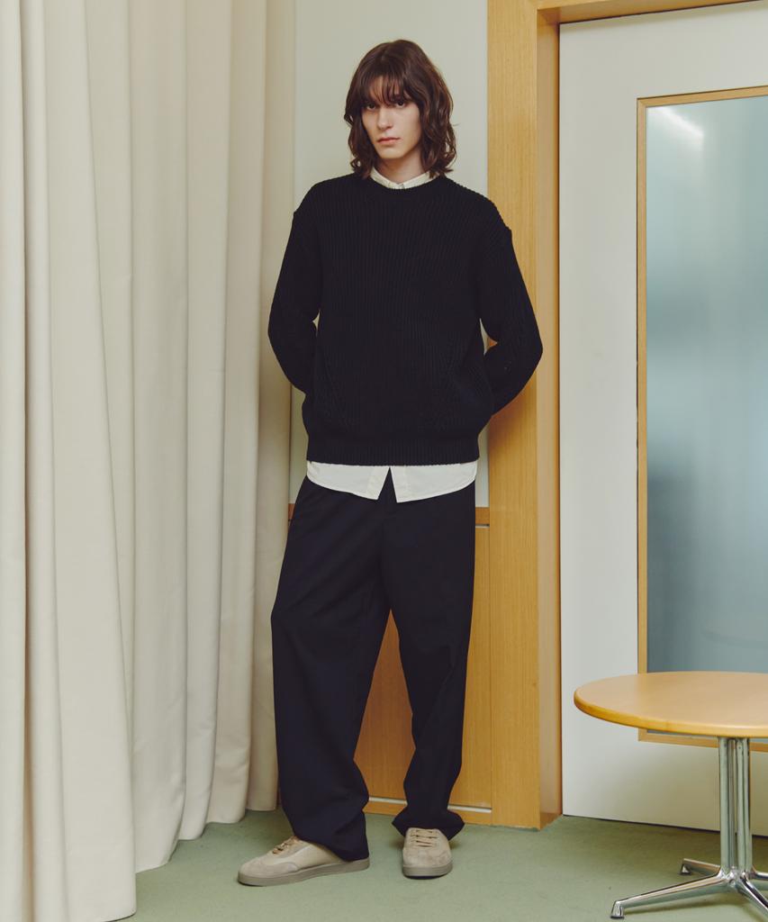 KNITTED Cotton Waffle Crewneck Knit Black