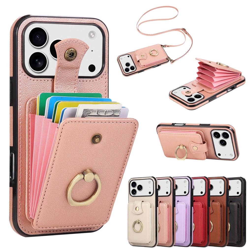 Strap Crossbody Leather Phone Case for iPhone 17 Pro Max Air 17E 16E 16 Plus 15 Pro 14 13 Mini 12 11 Ring Card Holder Bag Cover