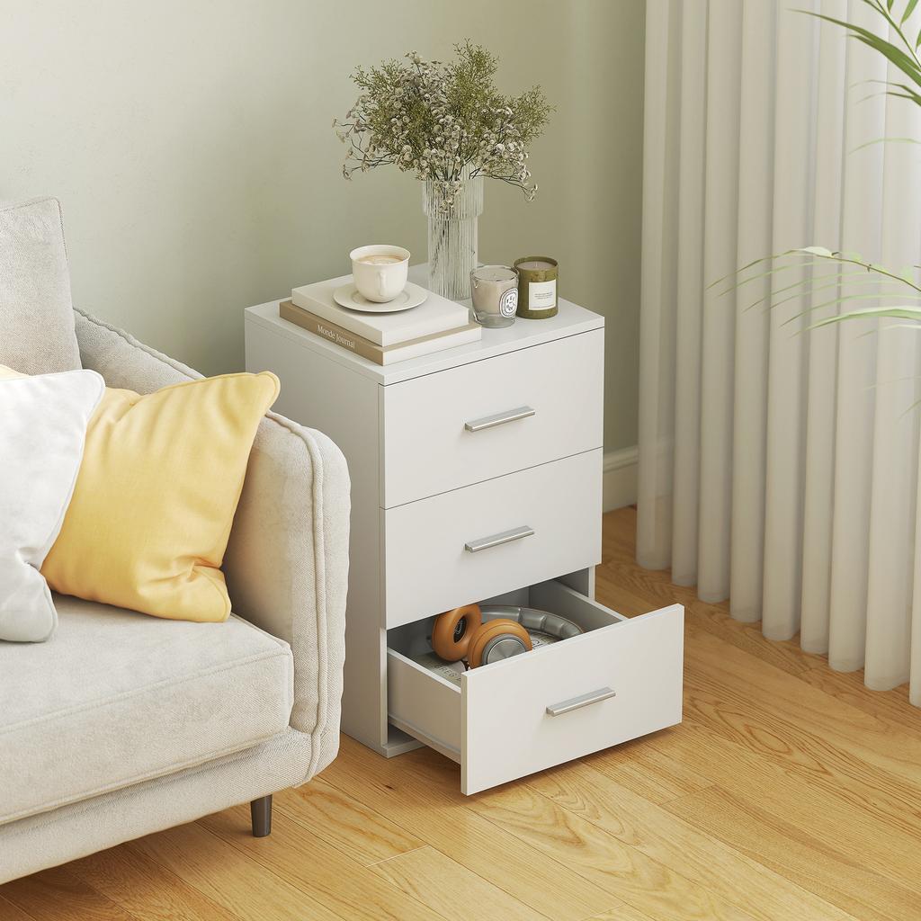 Nightstand with 3 Drawers, Side Chest of Drawers for Bedroom, MDF, White