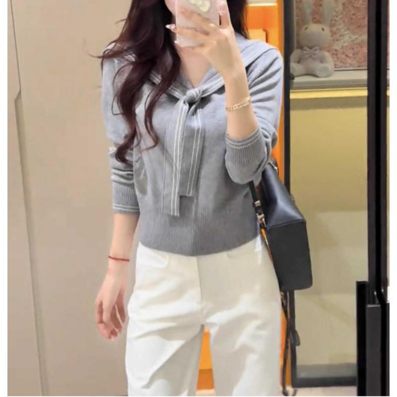 College style contrasting color navy collar knitted sweater women's autumn new temperament thin shawl lapel sweater tide
