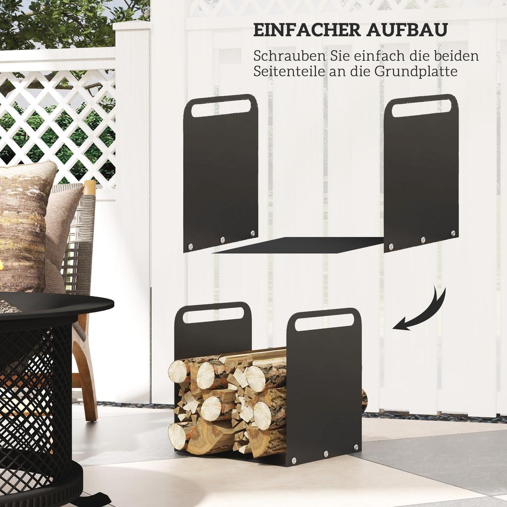 Kaminholzregal, 2 Tragegriffe, Stahlrahmen, Bis zu 30 kg, 36x30x36cm, Schwarz