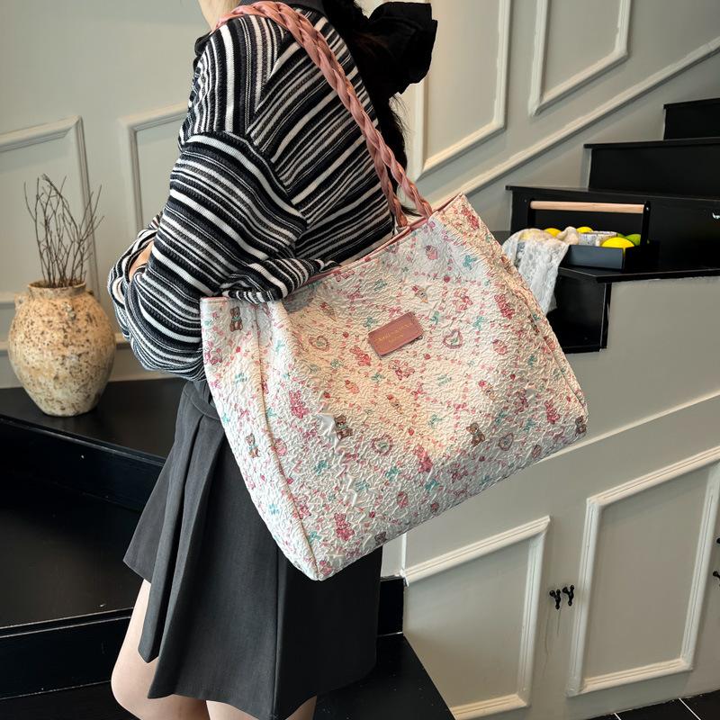 Casual Cartoon Print Tote Bag for Women Large Capacity Sweet College Style Shoulder Bag Girls Student Handbag