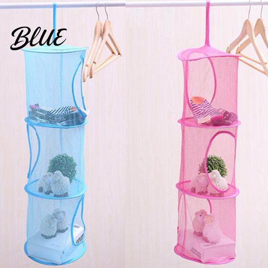 Mesh Hanging Bag for Home Foldable Organizer Useful Cloth 3 Compartments Storage Basket