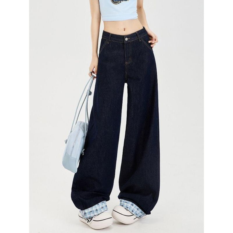 American Plaid Stitching Denim Women's Summer Retro Loose Drooping Straight Pants Small Figure Flattering Wide Leg Pants