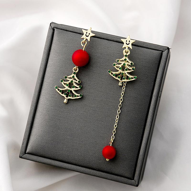 Silver Needle Christmas Snowman & Tree Asymmetrical Snowflake Earrings