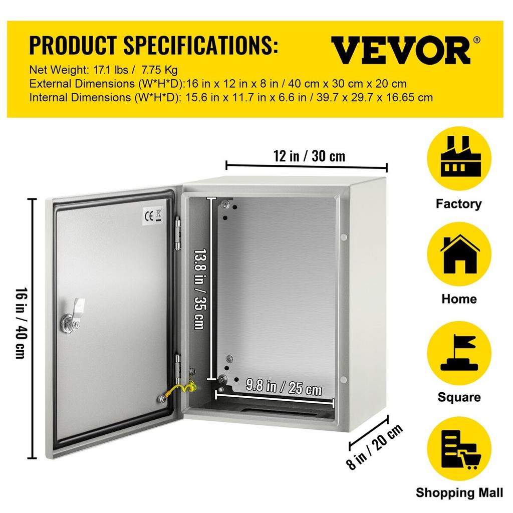 NEMA Steel Enclosure, 16 X 12 X 8\'\' NEMA 4X Steel Electrical Box, IP66 Waterproof & Dustproof, Outdoor/Indoor Electrical Junction Box, with Mounting