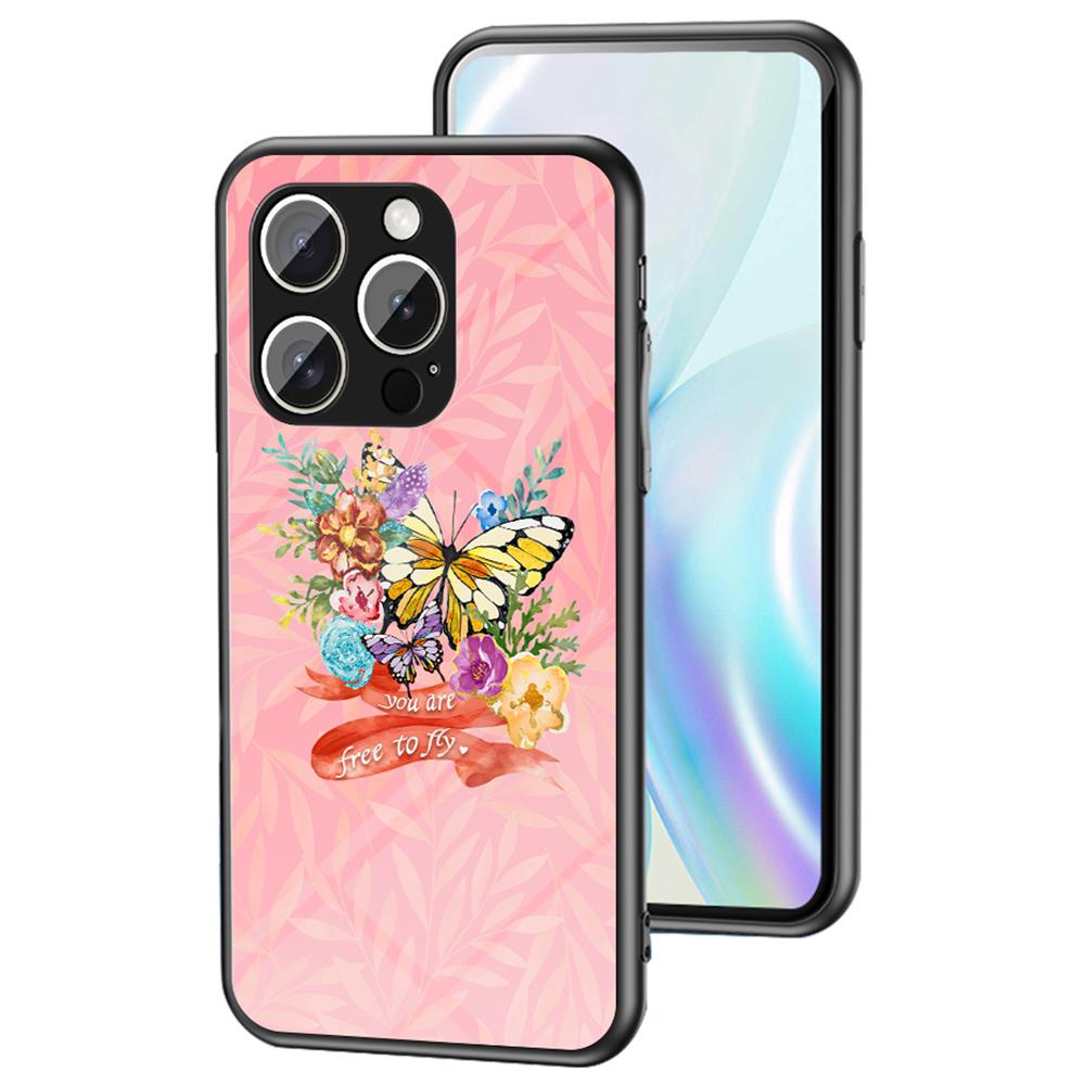 

For iPhone 16 Pro Case Butterfly Pattern TPU+Tempered Glass Protective Phone Cover A