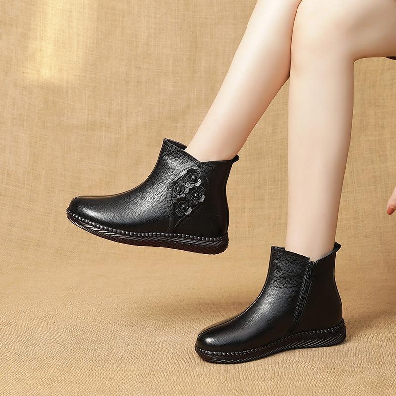 New mother cotton shoes flat heel side zipper round head velvet warm middle and old casual short boots women