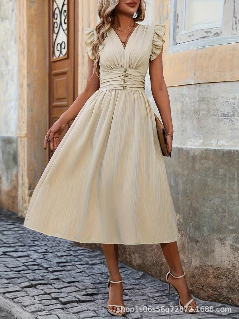 Abito Midi a Vita Alta da Donna Scollo a V Senza Maniche Manica a Volant Dettaglio Bottoni Vestito Aderente e Svasato Elegante Casual Abito Estivo