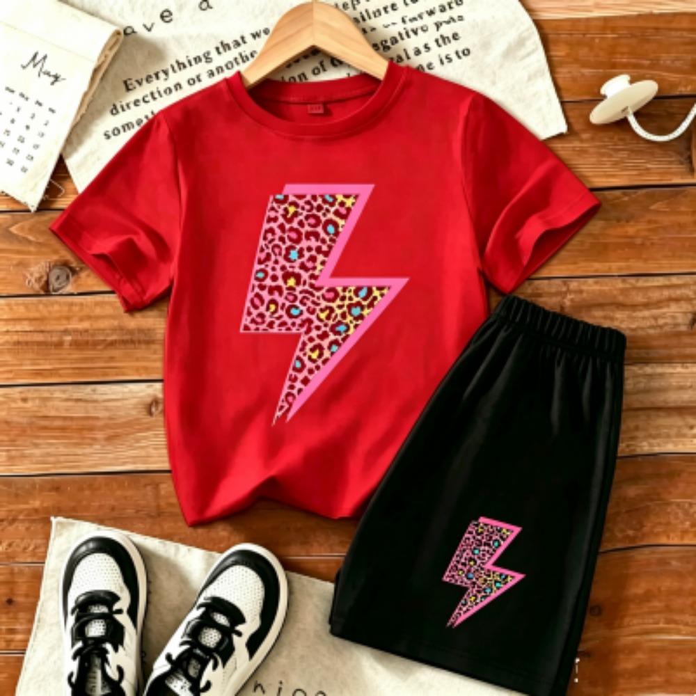 Kids Leopard Lightning Fun Printed 11 Colors Outdoor Street Kids T-shirt and Shorts 2 Piece Set Summer Home Casual Outfit Boy and Girl's Sports Set