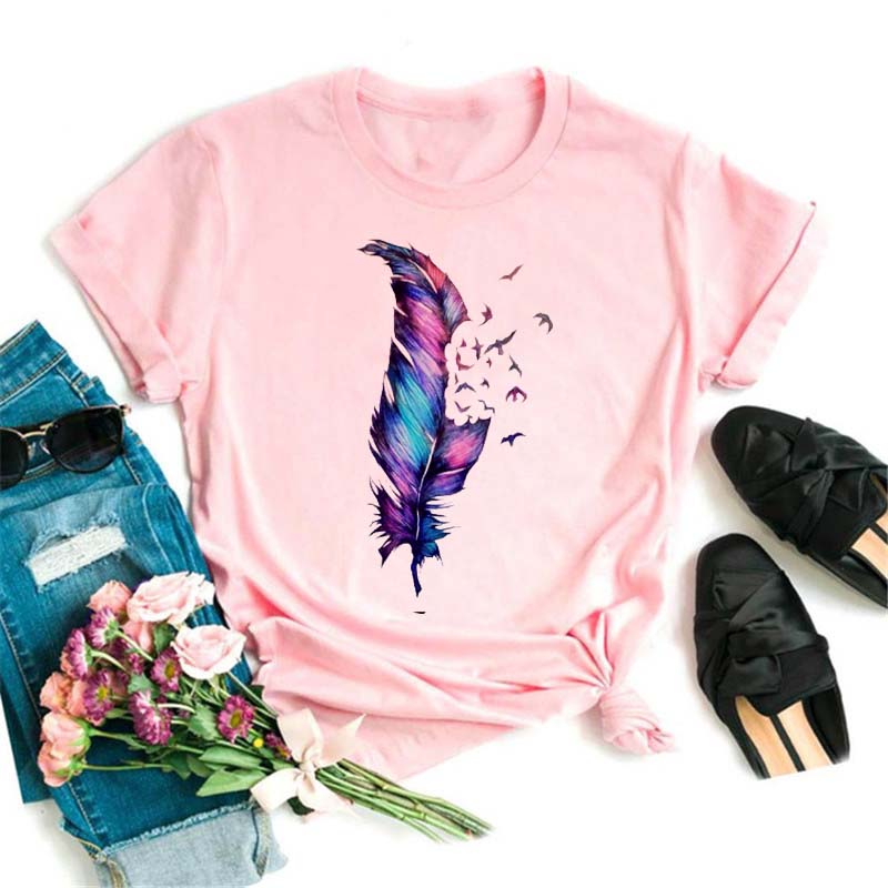 Fashion Women T Shirt Funny Butterfly Feather Print Tshirt T Shirt Summer Short Sleeve Tops Tee Female Feather T-shirts