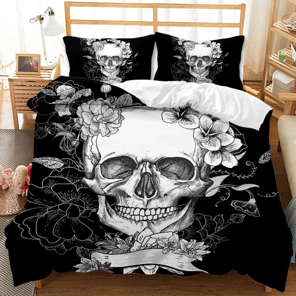 Dödskalle Påslakanset Rosigt Blommigt Dubbelt Sängklädesset Tryckt Alla Hjärtans Dag Halloween Dödskalle Gotiskt Skelett Polyester Quiltöverdrag