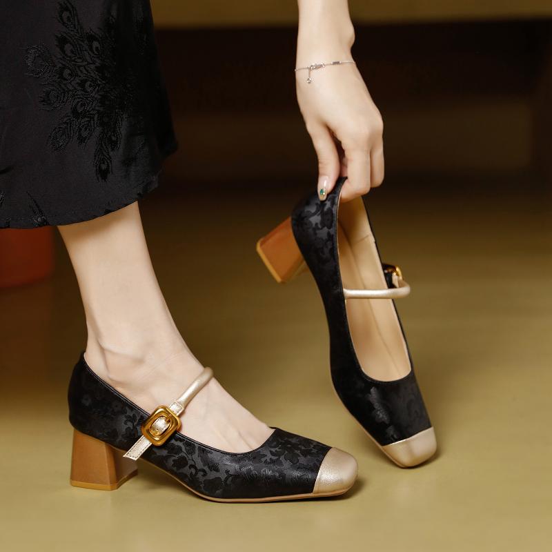 New Chinese Style Pearl Elegant Style Versatile Chunky Heel Square Toe Low-cut Women s Shoes 34 чёрный