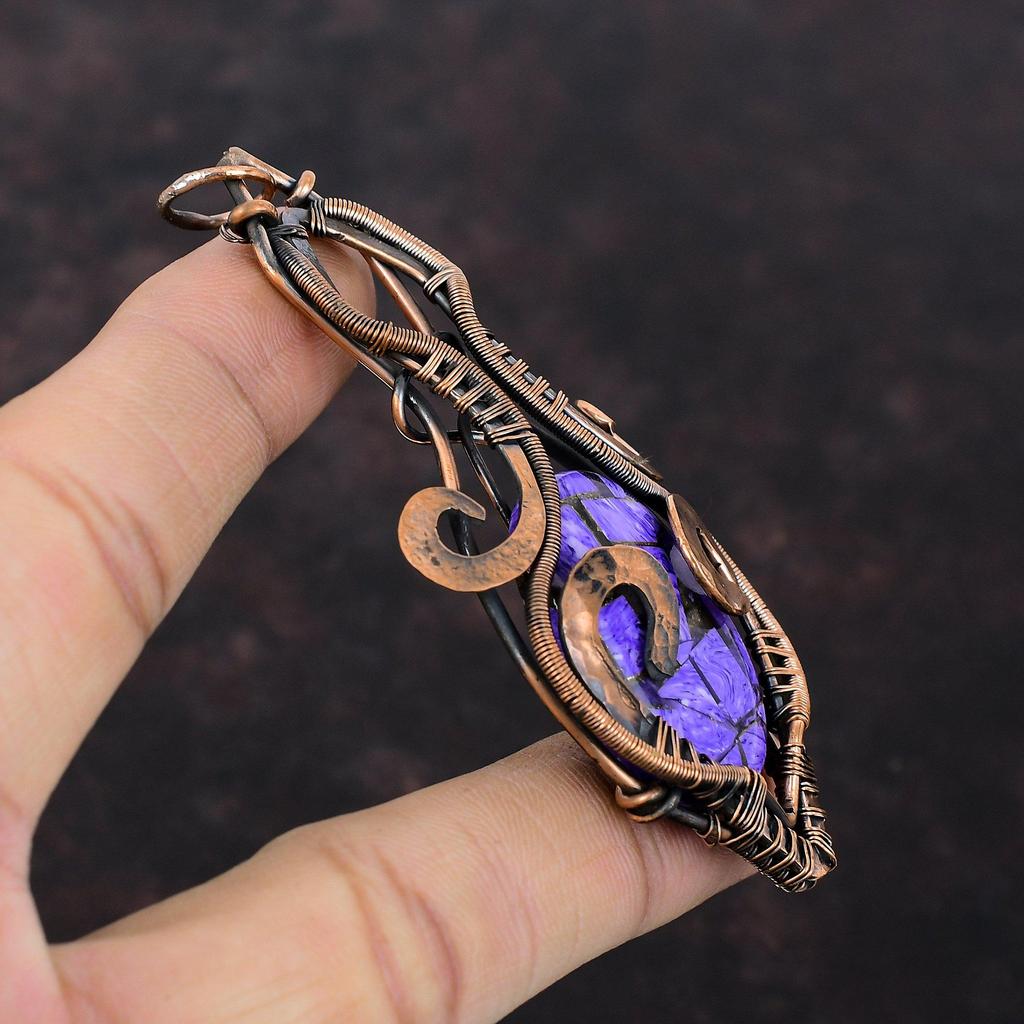 Copper Charoite Pendant Copper Wire Wrapped Gemstone Jewelry Handmade Boho Pendant Antique Copper Pendant Gift For Him Wire Wrapped Pendant