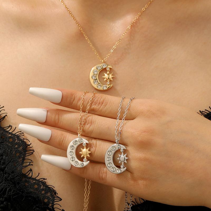 Collar Colgante Estrella Luna de Cobre Incrustado con Pedrería para Mujer Cadena Clavícula Sol Luna Metálico Brillante Joyería Y2K Regalo