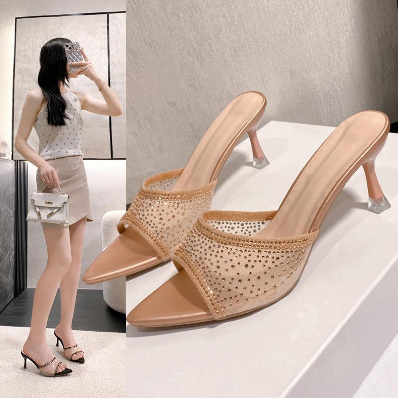 Temperament cool slippers women's summer wear new fine heel mesh yarn hot diamond pointed fish mouth open-toed high heels
