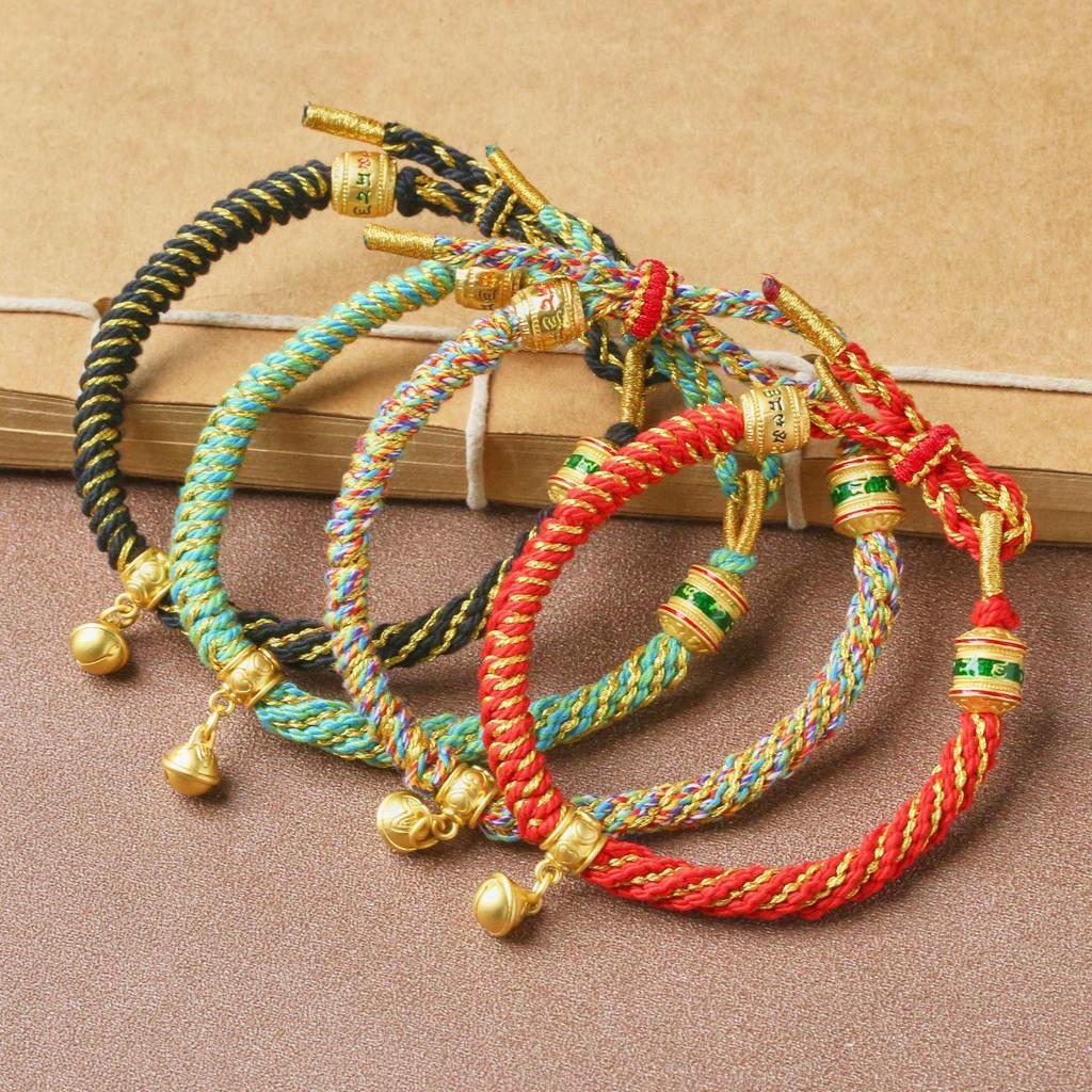 Tibetanskt sexstavigt mantra, femfärgat handvävt rött armband för kvinnor och män