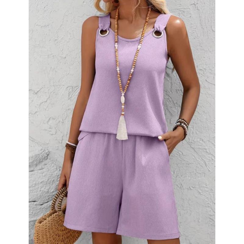 Western Spring Summer Fall New Solid Color Craft Fabric Double Pocket Sleeveless Top and Shorts, Vacation Style Elegant Casual Set