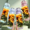 1 Stück Sonnenblume mit zwei Stielen, Aquarell-Floral, 750 ml, farbige Kunststoff-Wasserflasche, auslaufsicherer Klappdeckel mit Strohhalm für Sport, Büro, Zuhause