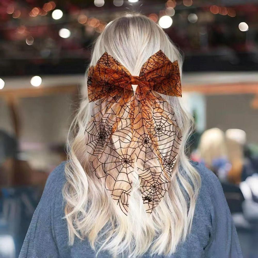 Orange Hair Accessories Dark Style Spider Web Hair Bows Halloween Hair Clip Dance Event