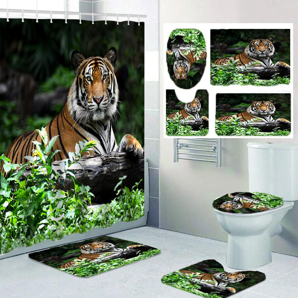 Monika Chen 1/4 Forest Tiger Shower Curtains, Toilet Seat Decoration, Shower Curtain With Carpet And Toilet Lid, 12 70.8X70.8 Inch Hooks