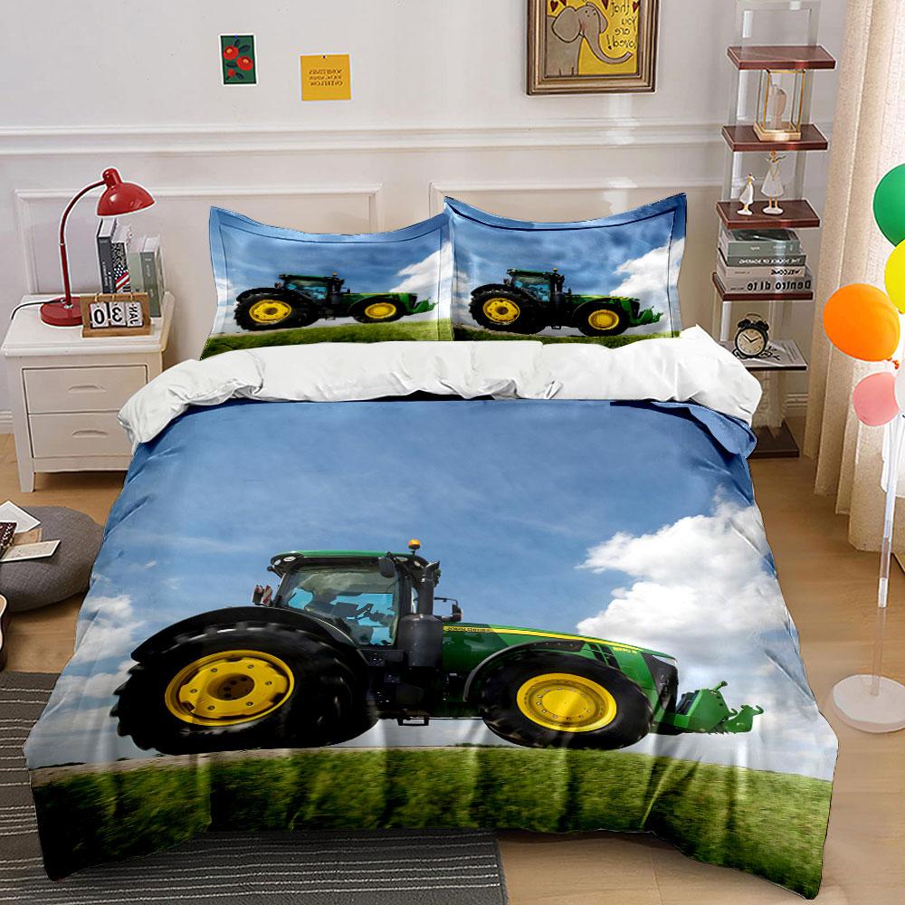 Large Green Tractor In Field Bedding Set For Kids Luxury Gift 3Pcs Digital Print Comforter Set Soft Comfortable Breathable
