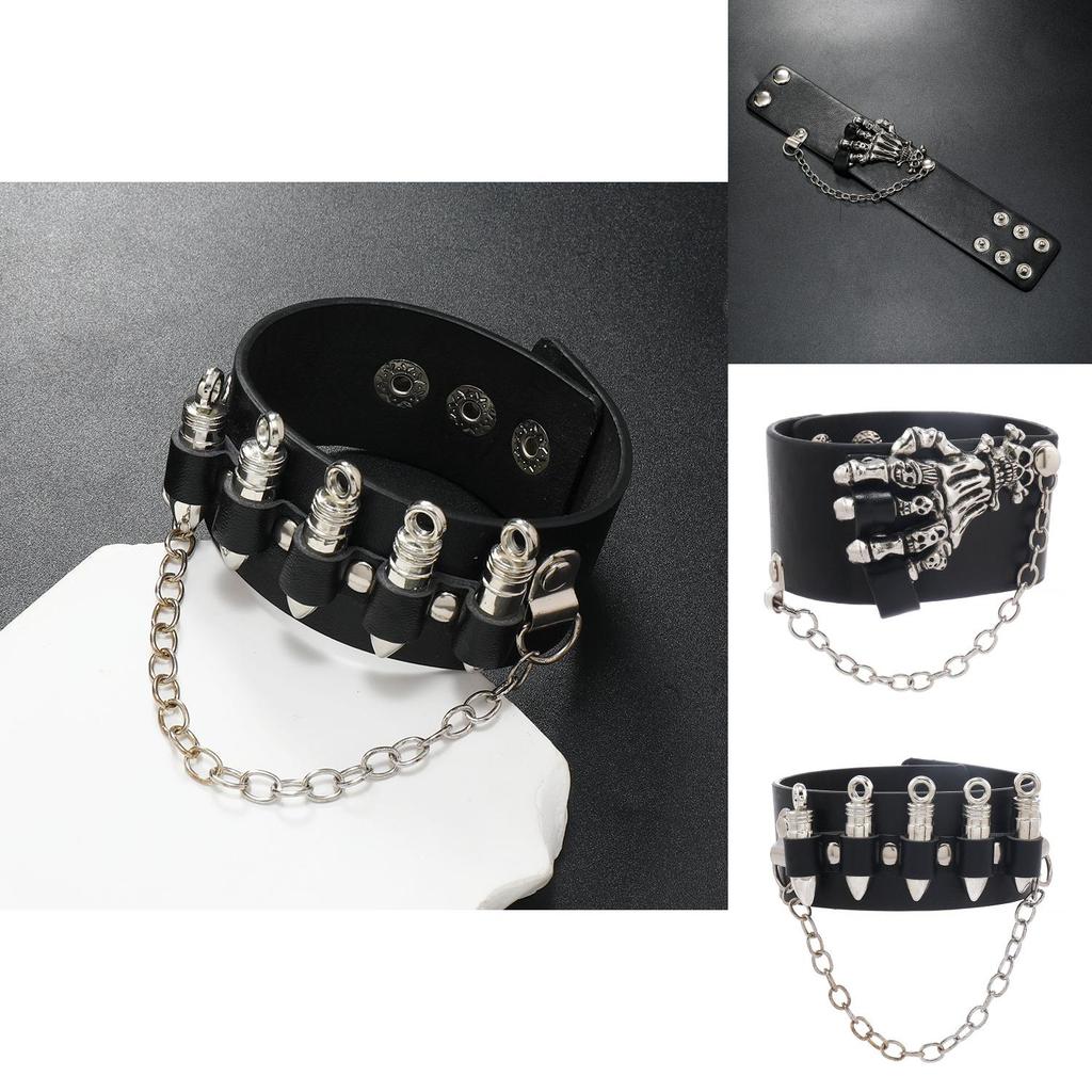 Gothic Skeleton And Bullet Design Neutral Chain Leather Handpiece For Halloween Accessories Summer