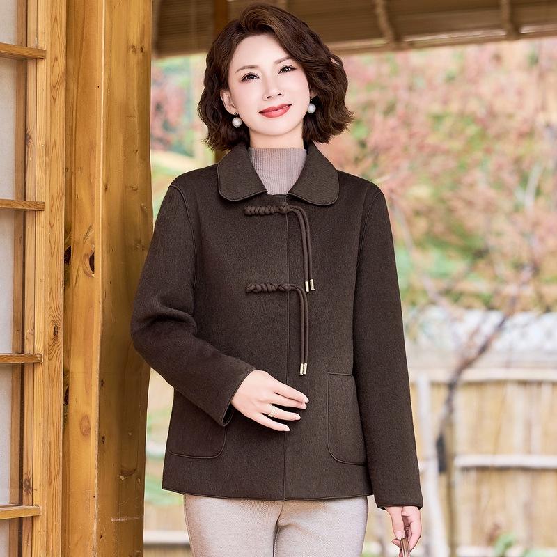 Women's Short Double-Faced Wool Coat - Lapel, Autumn/Winter Chinese Style Cardigan with Pockets