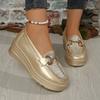 Women's Plus Size Slip-On Loafers, Platform Block Heel Casual Flats with Metal Buckle